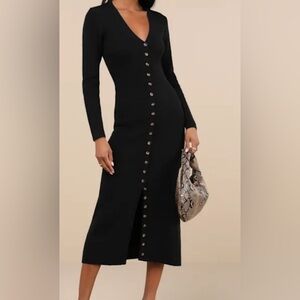 Black Button-Up Sweater Midi Dress